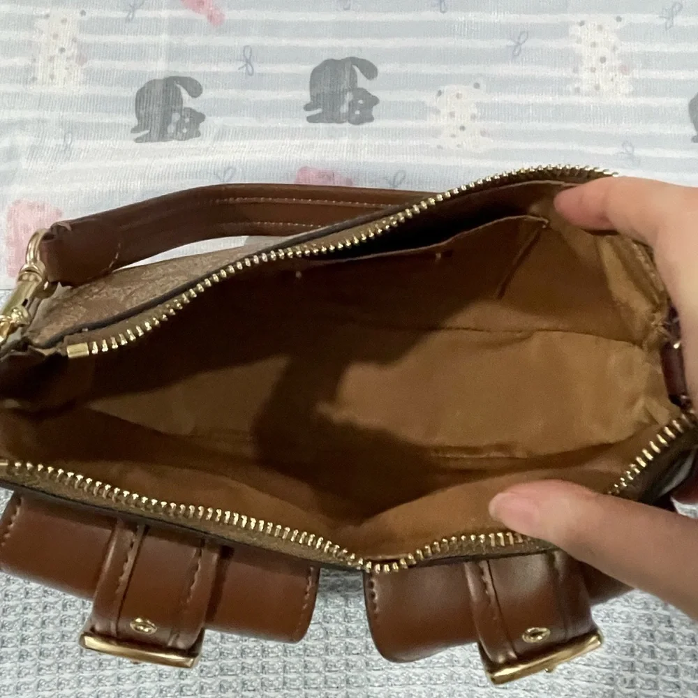 Coach Brown Signature Canvas Shoulder Bag with Double Buckle Pockets
